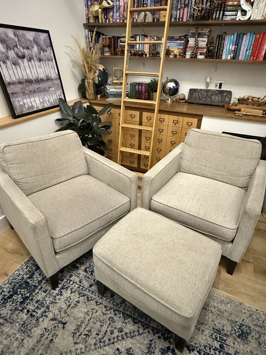 2 Beige Accent Chairs and Ottoman