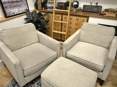 2 Beige Accent Chairs and Ottoman