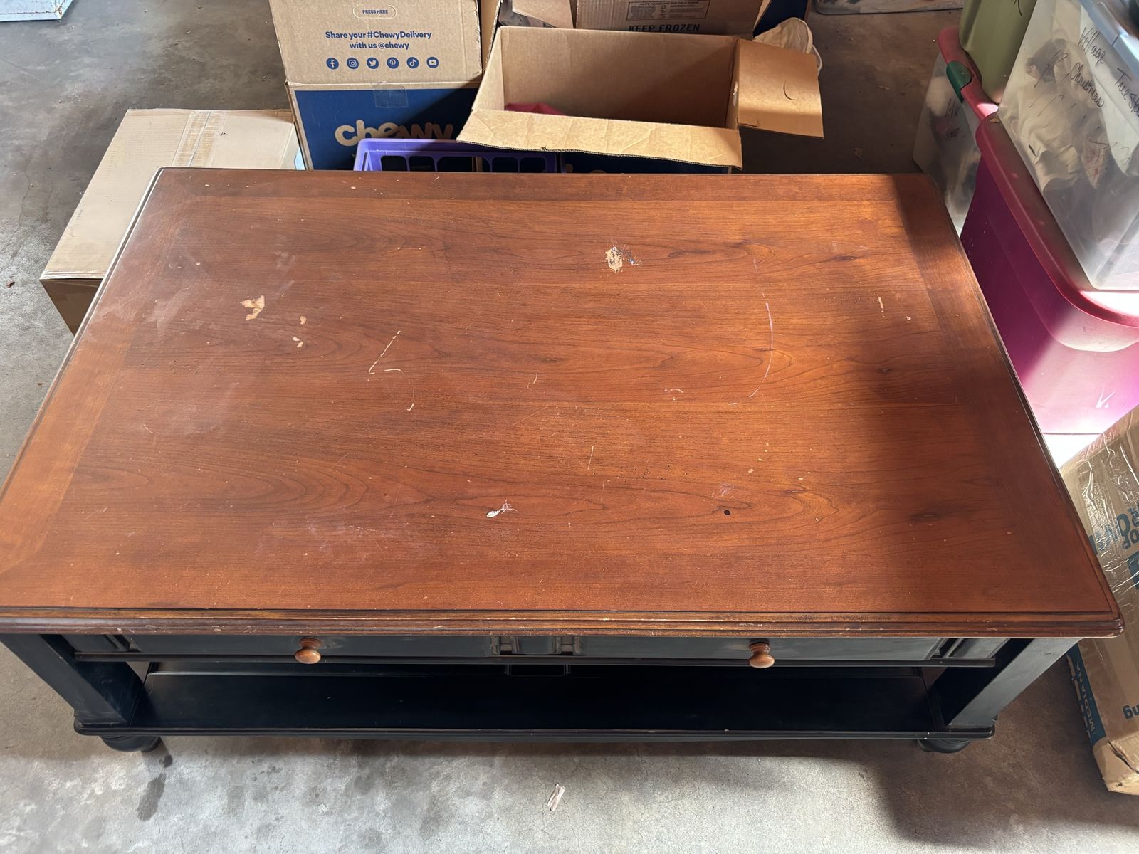Two-Tone Wood Coffee Table with Drawers and Lower Shelf