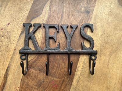 Cast Iron "KEYS" Wall Mounted Key Holder with 4 Hooks - Rustic Black Finish