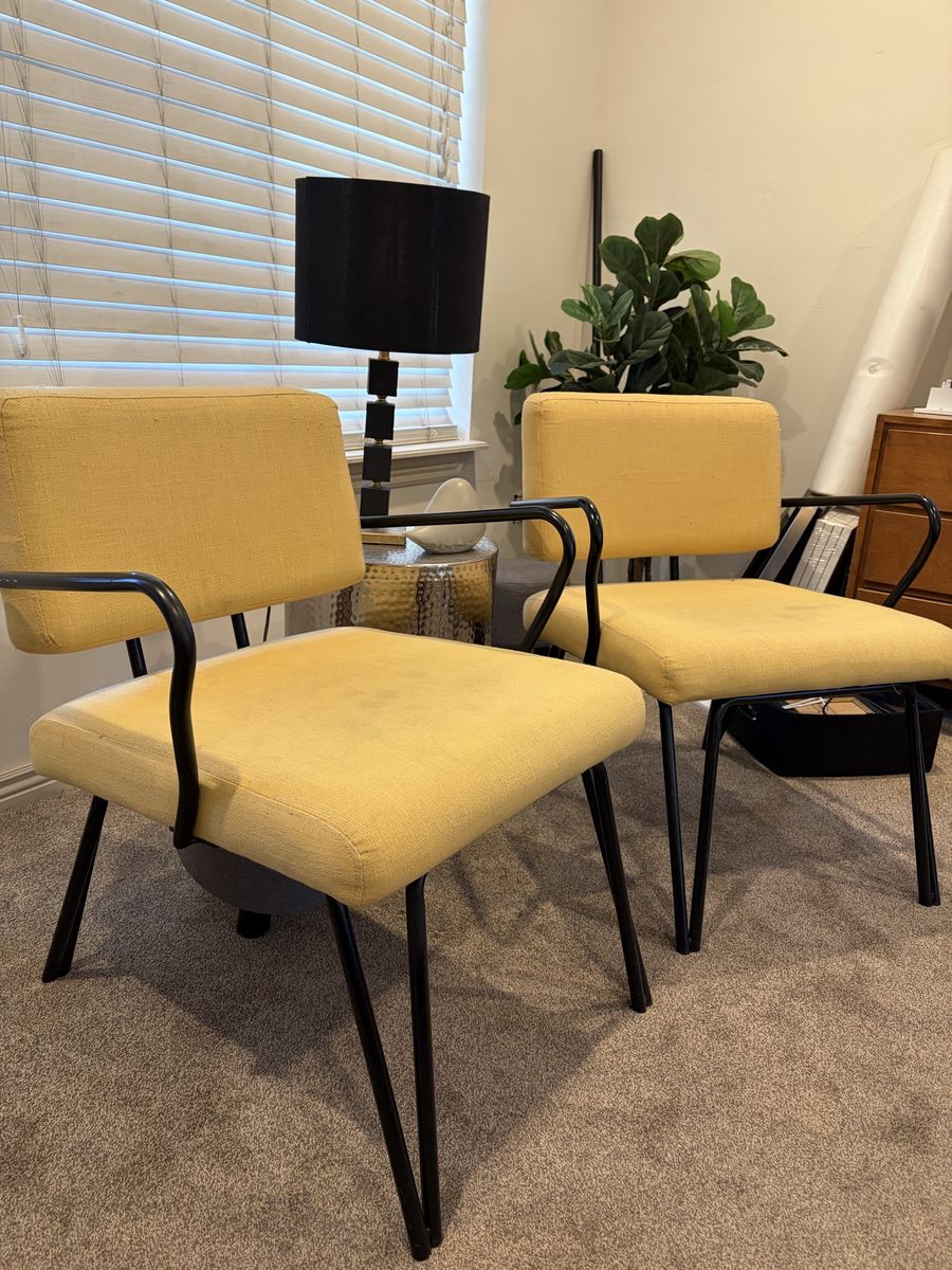 Pair of Mid-Century Modern Yellow Upholstered Accent Chairs with Black Metal Frames