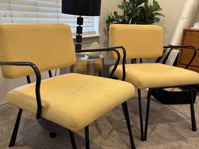 Pair of Mid-Century Modern Yellow Upholstered Accent Chairs with Black Metal Frames