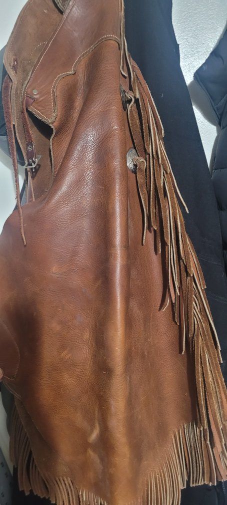 Brown Leather  Chinks. with Fringes and Decorative  Conchos. Made from B bar B