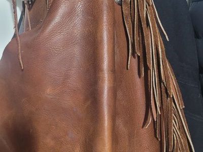 Brown Leather Chinks. with Fringes and Decorative Conchos. Made from B bar B