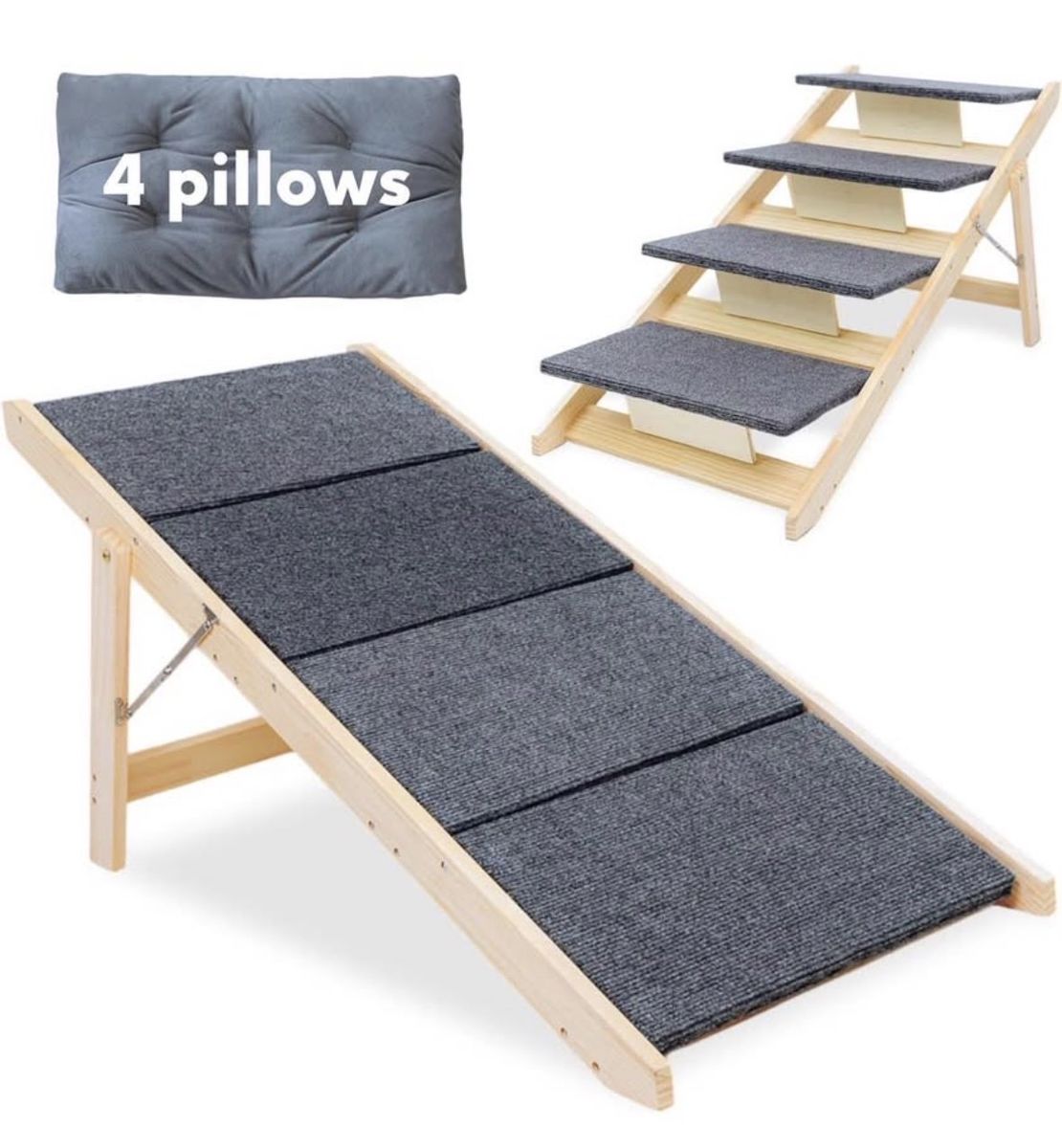 Adjustable Wooden Pet Ramp/Stairs - 39.4" L x 18.5" H with 4 Pillows for Small/Elderly Pets