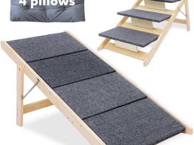 Adjustable Wooden Pet Ramp/Stairs - 39.4" L x 18.5" H with 4 Pillows for Small/Elderly Pets