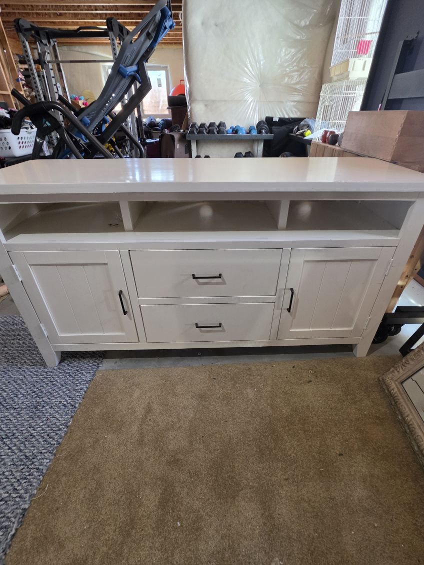 White Buffet Table/ TV Stand with Drawers and Cabinets