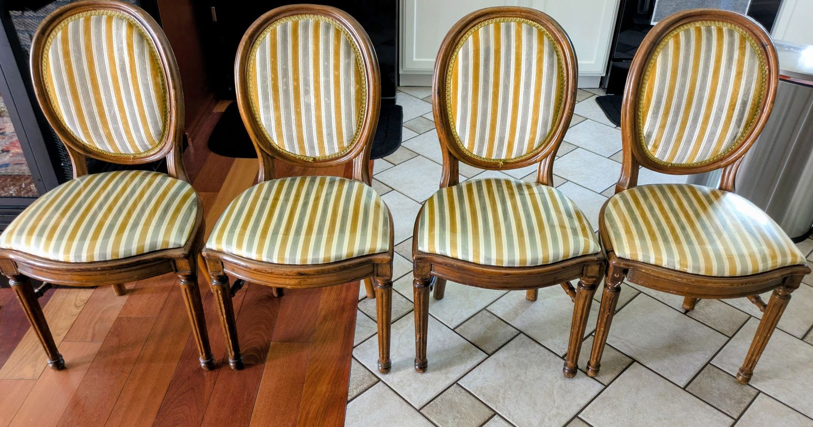 Set of 4 Vintage French Louis XVI Medallion Back Dining Chairs - Striped Upholstery