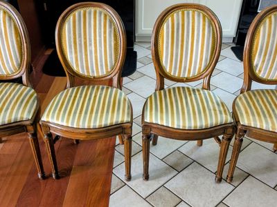 Set of 4 Vintage French Louis XVI Medallion Back Dining Chairs - Striped Upholstery