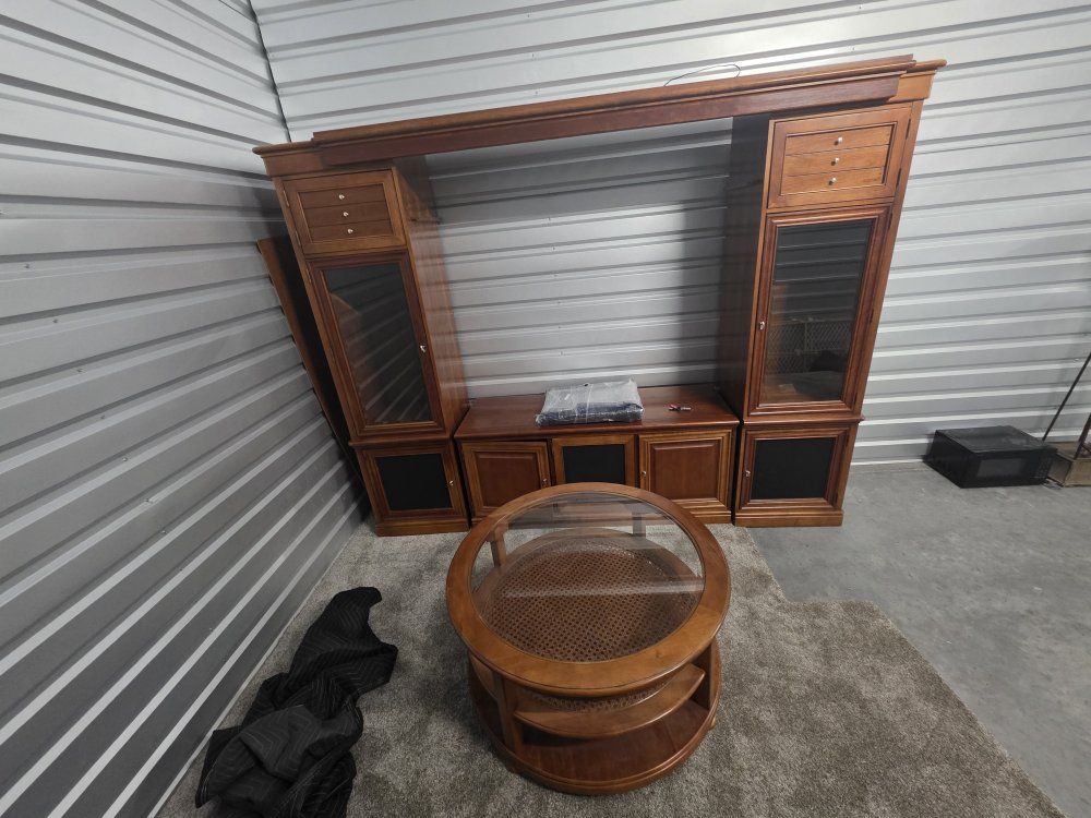 Wooden Entertainment Center Wall Unit with Glass Cabinets & Matching Round Coffee Table Set