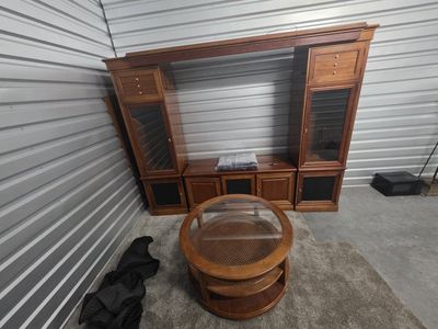 Wooden Entertainment Center Wall Unit with Glass Cabinets & Matching Round Coffee Table Set