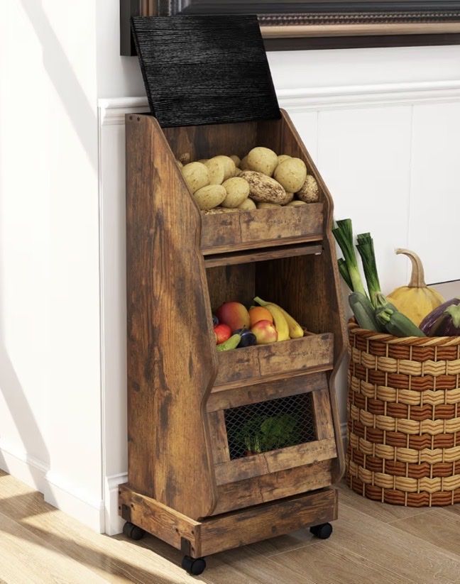 ARTETHYS Potato Storage Bin Movable Bread Box with Lid Rustic and Wheels Onion Organizer with Grocery Section