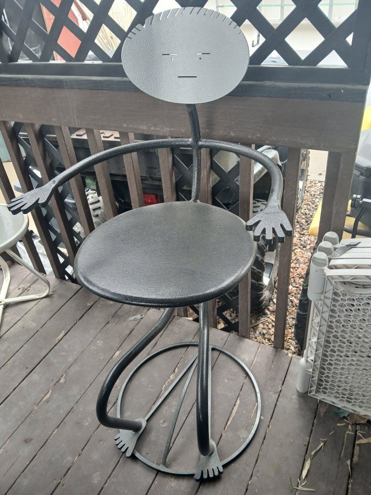 Unique Metal Bar Stool - Whimsical Stick Figure Design, Black Textured Finish, Industrial Decor
