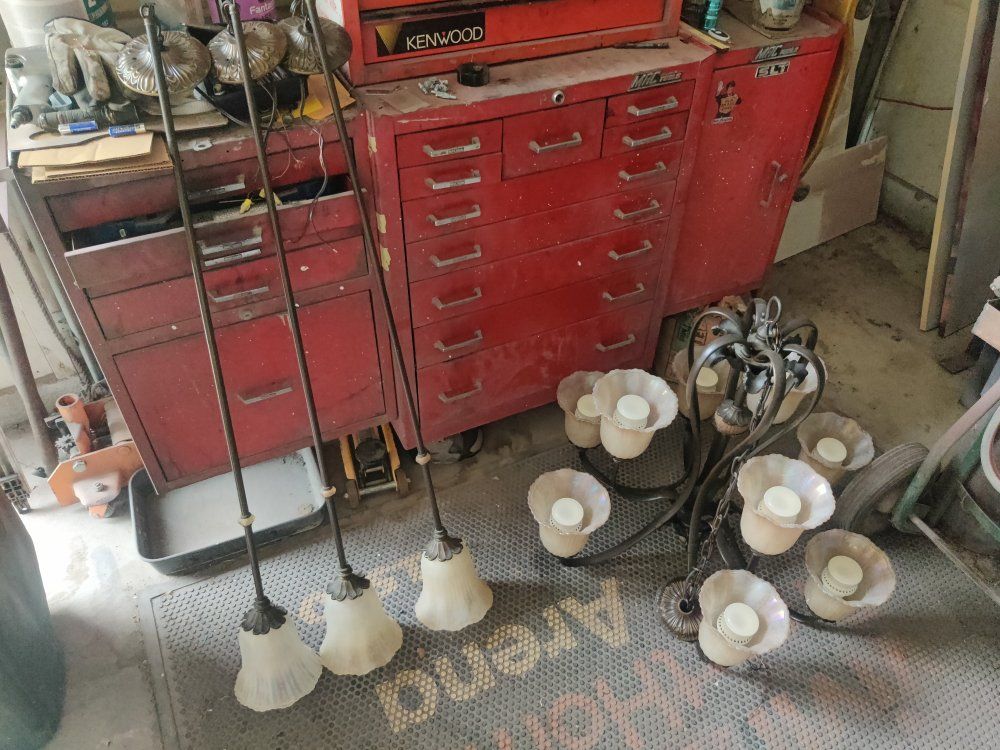 Vintage Bronze Chandelier Light Fixture Set with Iridescent Glass Shades
