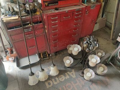Vintage Bronze Chandelier Light Fixture Set with Iridescent Glass Shades