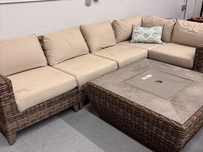 Outdoor Patio Wicker Sectional Sofa Set w/ Fire Pit Table