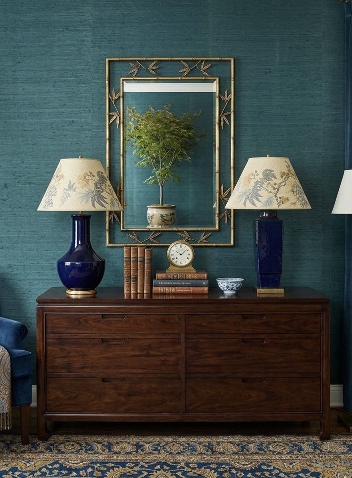 Visual Comfort Navy Blue Lamps with Vintage Chinoiserie Lamp Shades