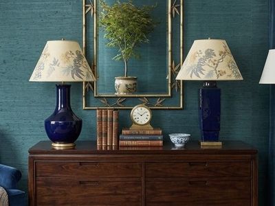 Visual Comfort Navy Blue Lamps with Vintage Chinoiserie Lamp Shades
