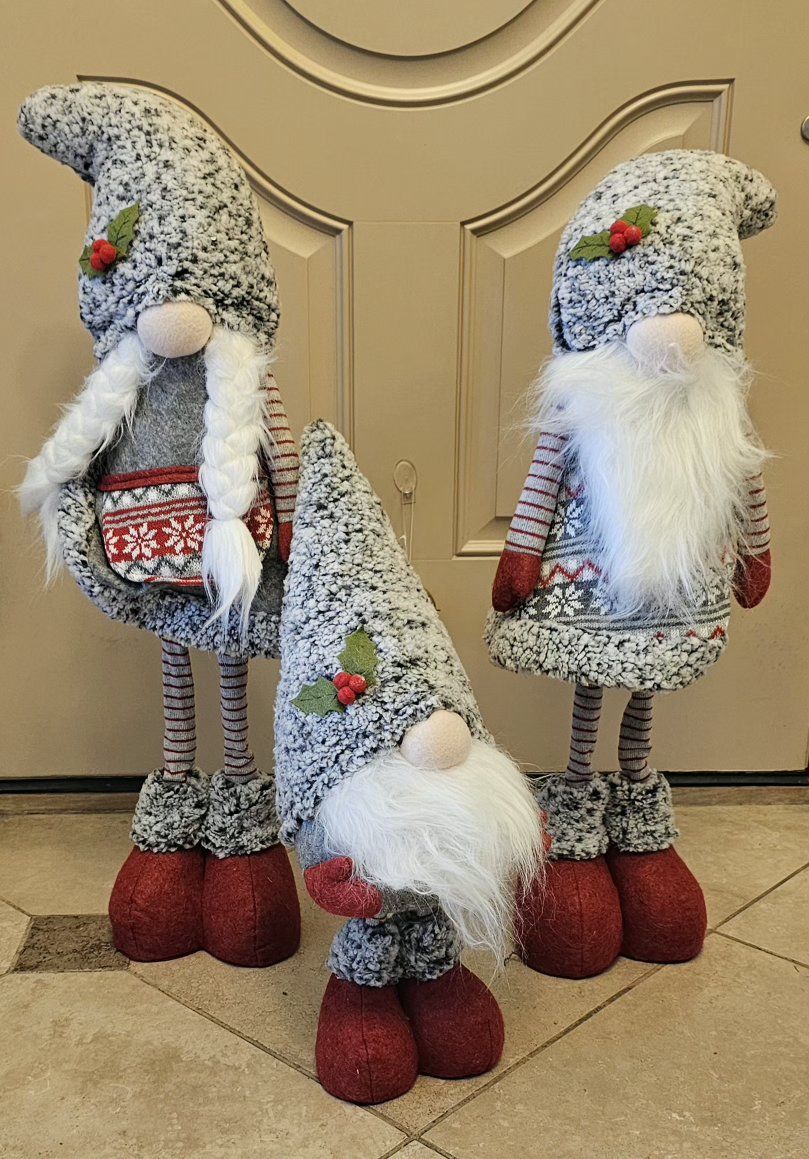 Set of 3 Christmas Holiday Gnome Decor Figures with Long Legs and Knit Hats 30"T and 20"T