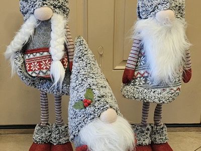 Set of 3 Christmas Holiday Gnome Decor Figures with Long Legs and Knit Hats 30"T and 20"T