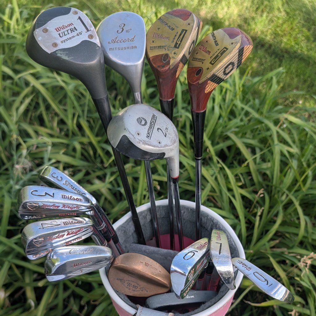 14pc Miller golf cart bag, Spalding, Wilson, Mitsushiba