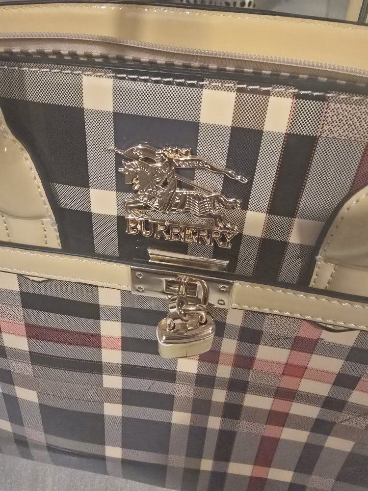Burberry Plaid Pattern Handbag with Lock - Beige, Black, Red, White
