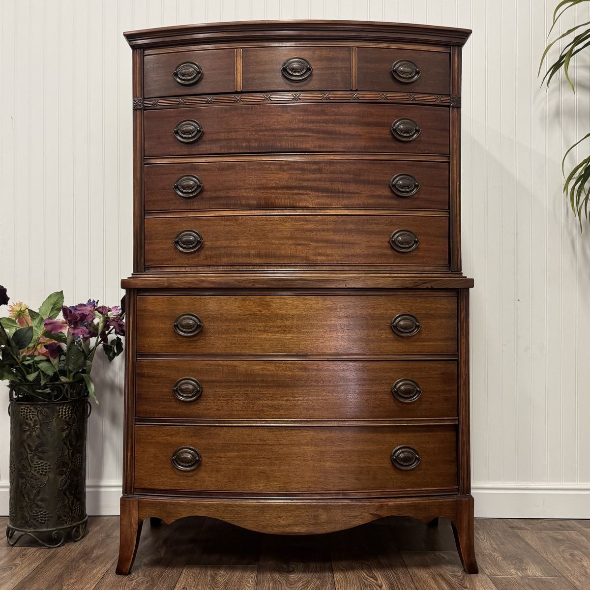 Vintage Mahogany Bowfront Chest on Chest Tallboy Dresser