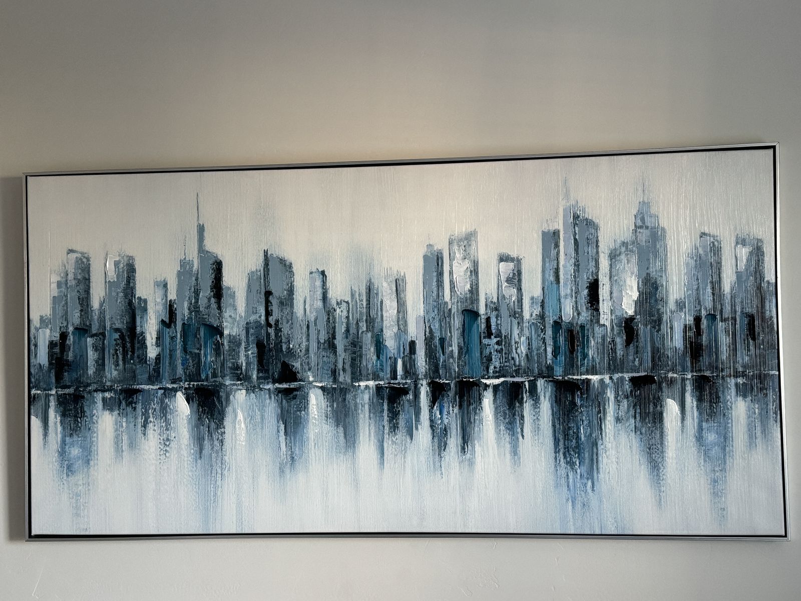 FREE: Abstract Blue & Gray Cityscape Skyline Framed Canvas Wall Art - Modern Textured Painting