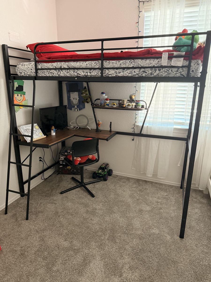 Black Metal Loft Bed with Built-in L-Shaped Desk and Shelf