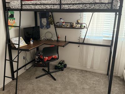 Black Metal Loft Bed with Built-in L-Shaped Desk and Shelf