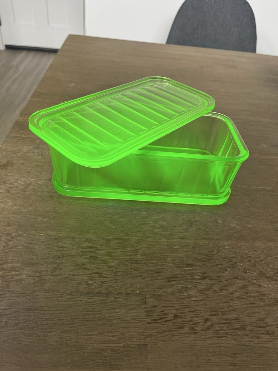 Vintage Uranium Glass Butter Dish with Lid - Bright Green Depression Era Glow