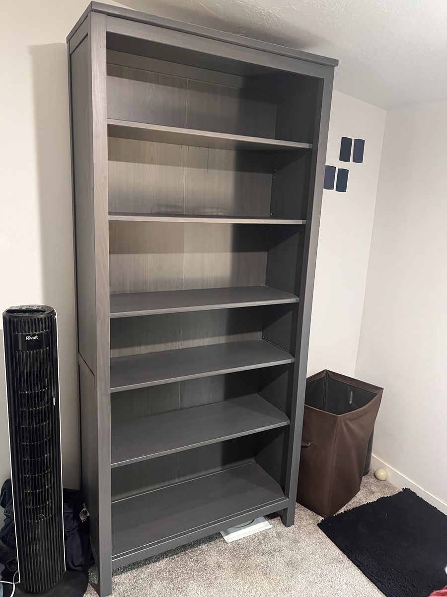 Tall Grey Wooden 6-Shelf Bookcase Unit