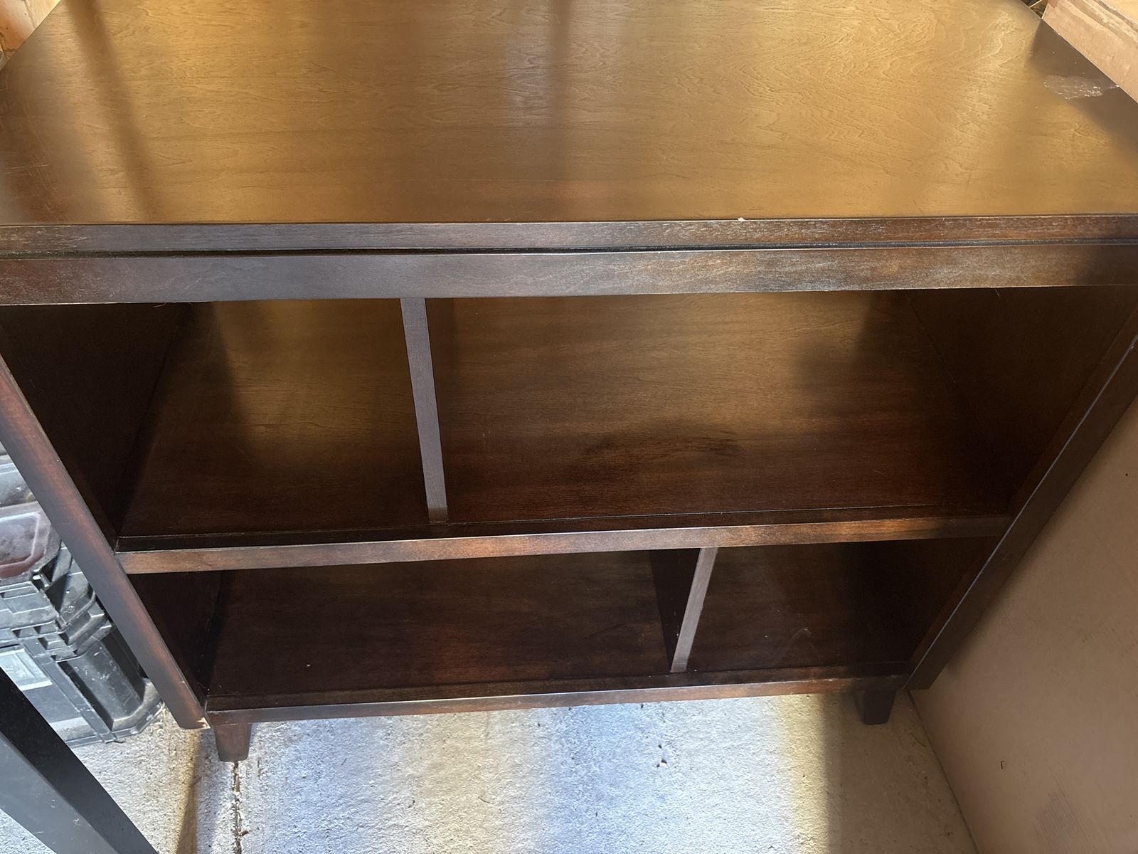 Dark Brown Wood Bookshelf / TV Stand — 31” x 36”