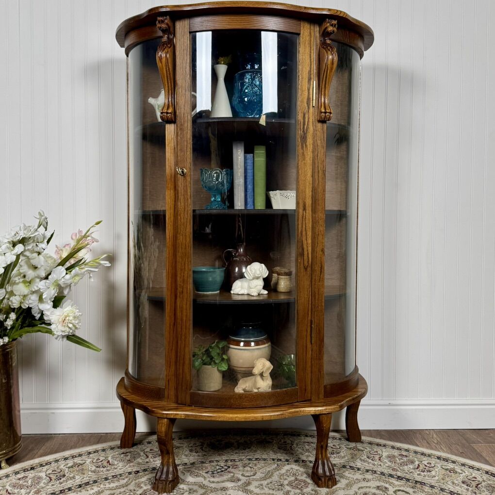 Antique Curved-Glass Oak Curio Cabinet