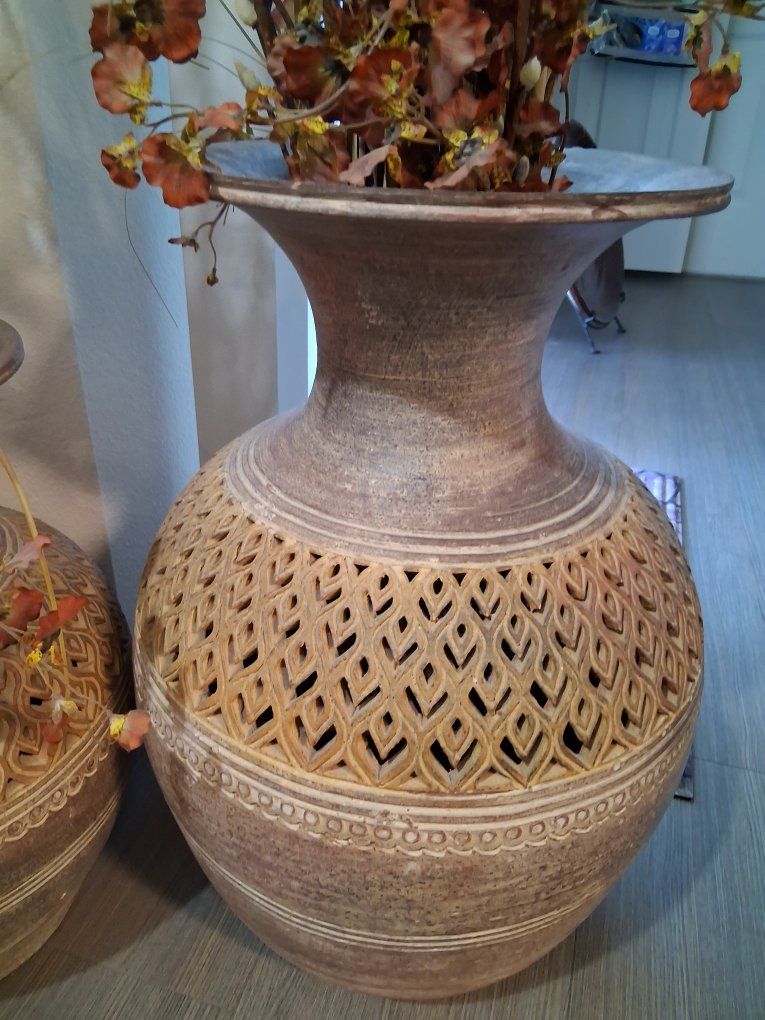 Large Decorative Floor Vases - Set of 2 with Ornate Cut-Out Design and Faux Botanicals
