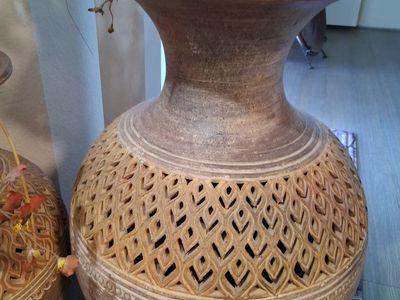 Large Decorative Floor Vases - Set of 2 with Ornate Cut-Out Design and Faux Botanicals