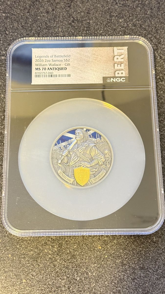 NGC MS 70 Antiqued 2026 Samoa 2oz Silver William Wallace Gilt Coin Legends of Battlefield