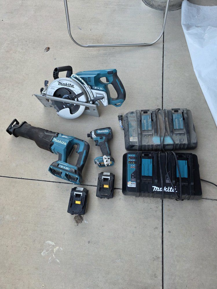 Makita 36V Cordless Power Tool Combo Kit - Circular Saw, Reciprocating Saw, Impact Driver, Batteries, and Dual Chargers