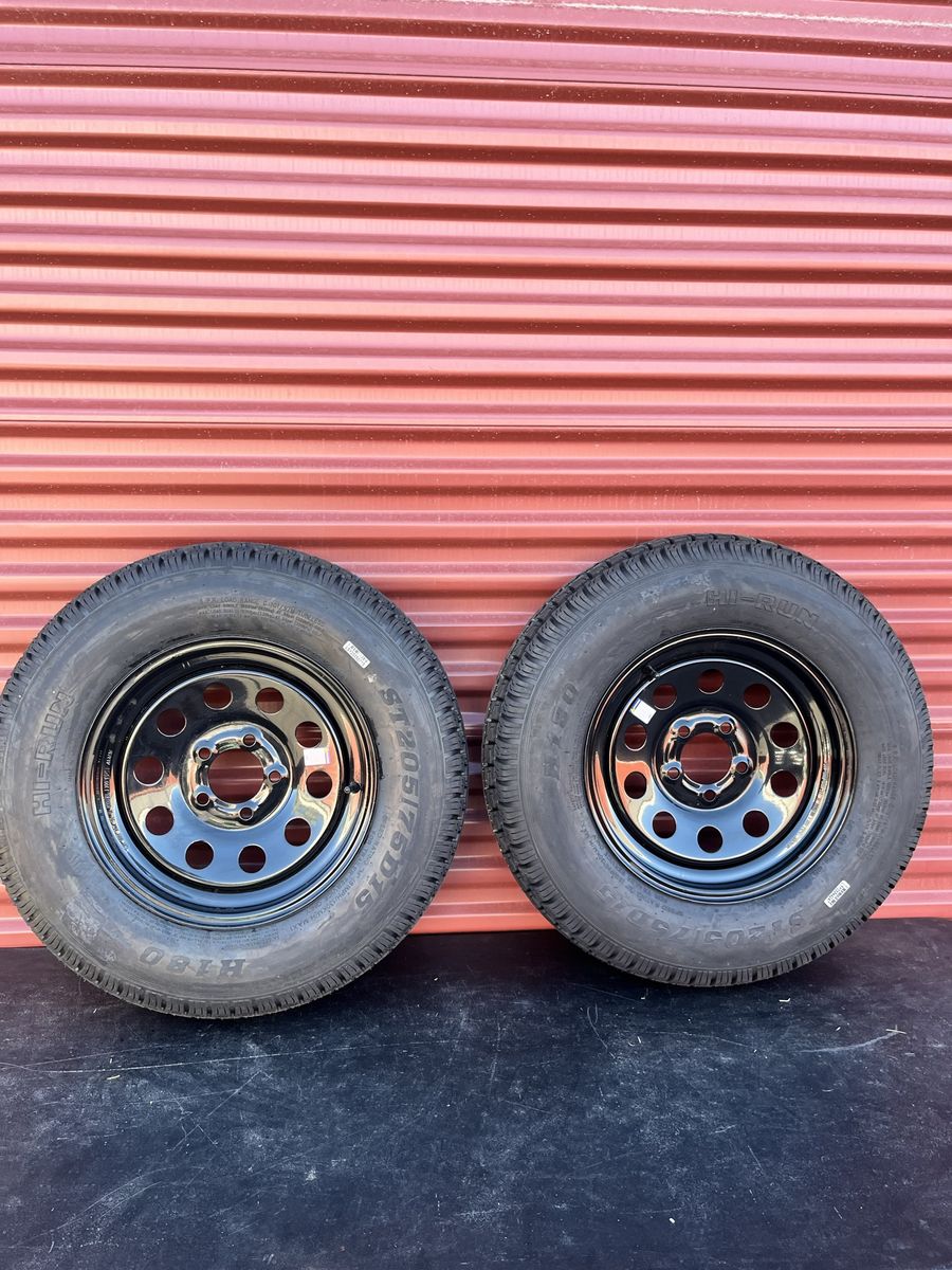 New Set of 2 Hi Run ST 205/75 D 15 Trailer Tires Mounted on New Black Mod Wheels 5 on 4.5 Pattern