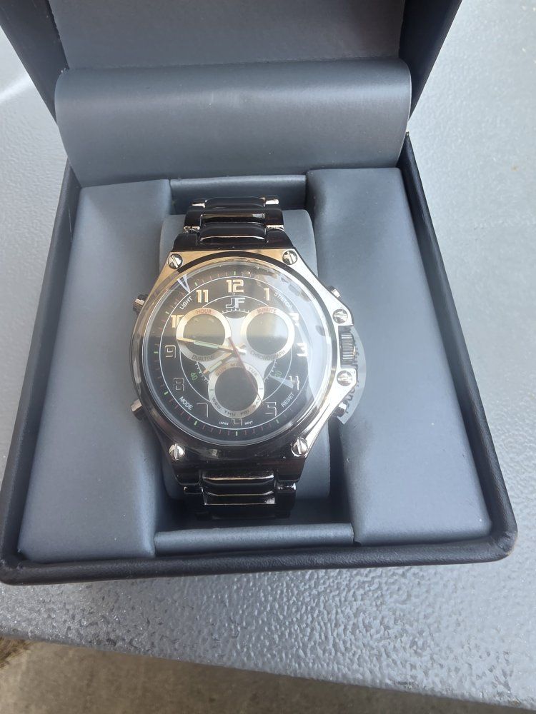 JF Men's Black Stainless Steel Ana-Digi Chronograph Watch with Box