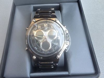 JF Men's Black Stainless Steel Ana-Digi Chronograph Watch with Box