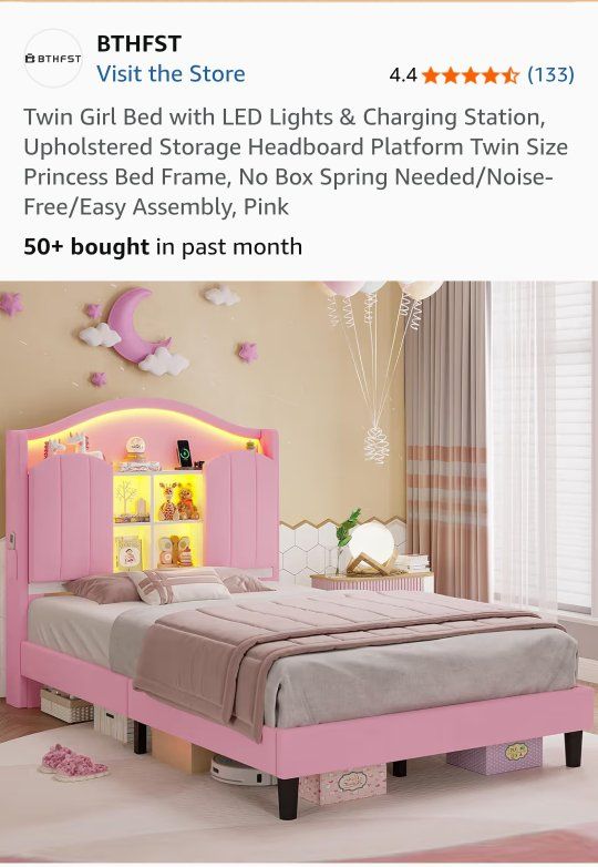 BTHFST Pink Twin Platform Bed w/ LED Lights, Charging Station & Upholstered Storage Headboard