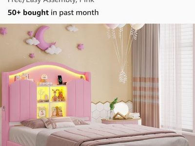 BTHFST Pink Twin Platform Bed w/ LED Lights, Charging Station & Upholstered Storage Headboard