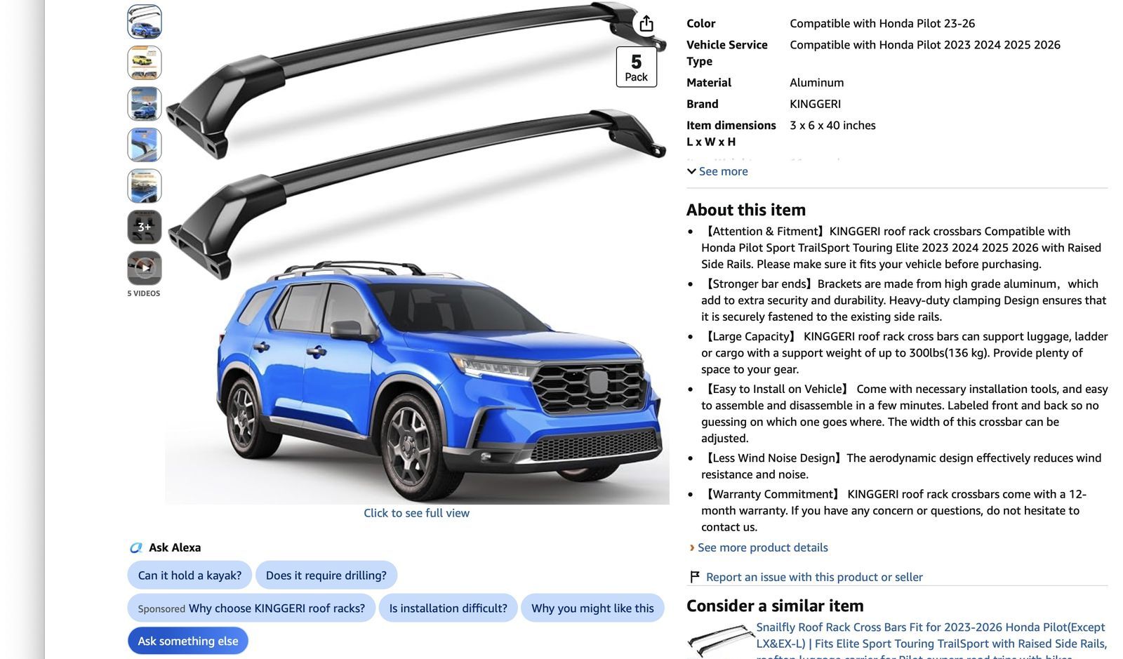 Kinggeri Roof Rack Cross Bars - Brand New in Box for 2023-2025 Honda Pilot