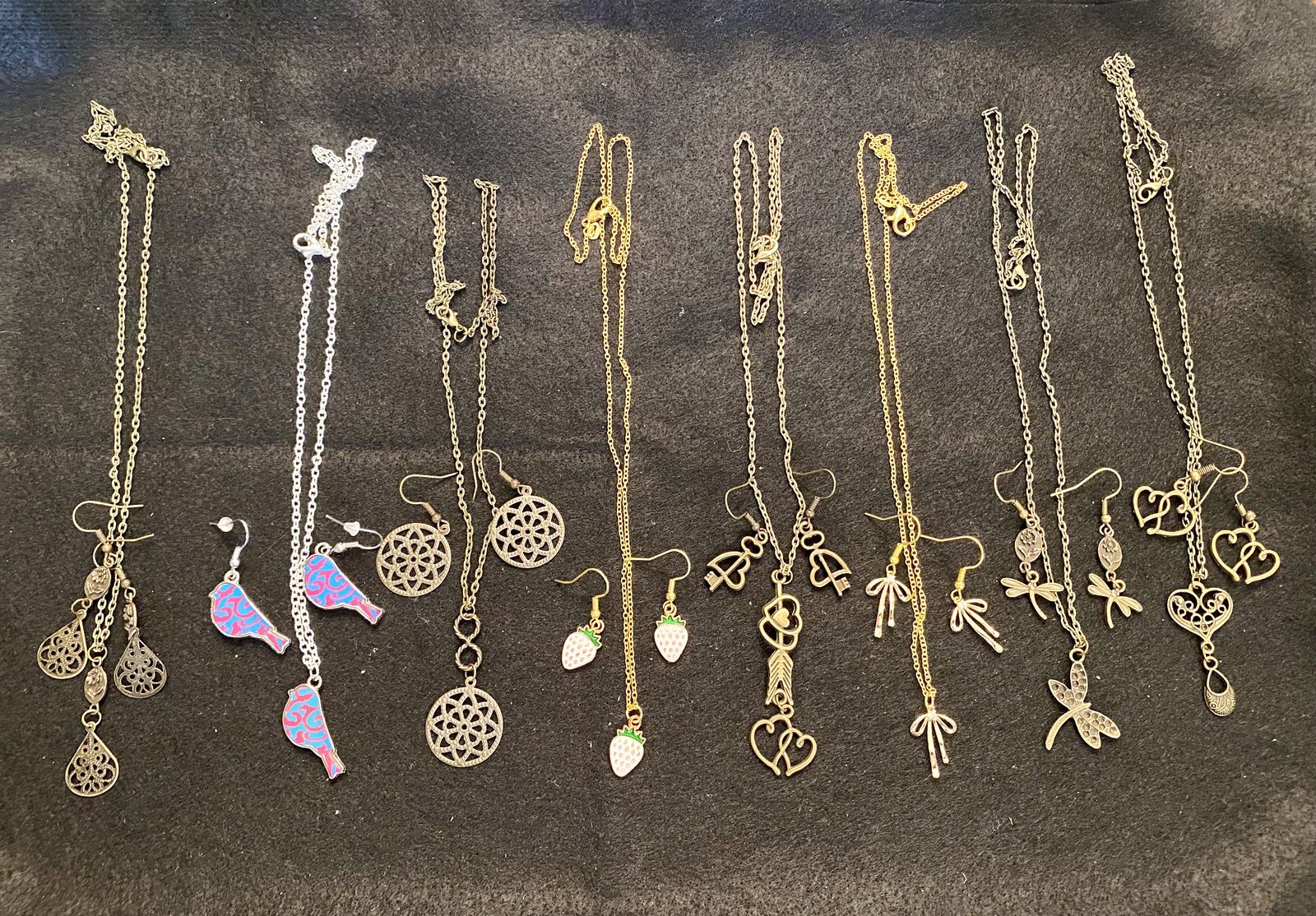 NEW! Matching Necklace and Dangle Earring Jewelry Sets - Birds-Strawberries-Hearts-Dragonflies & MORE - C ALL PICS