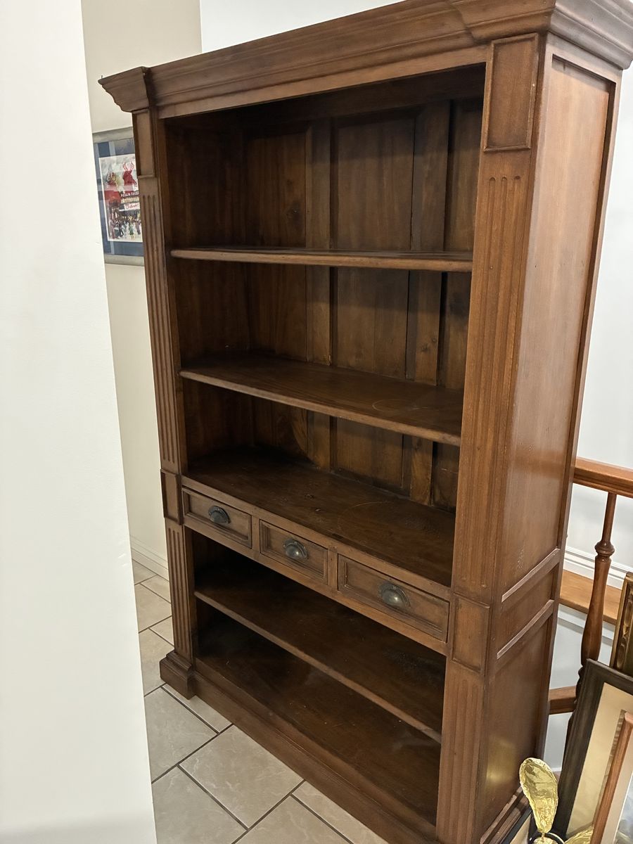 Large Wooden Bookshelf handmade in India, with 3 Drawers - Tall Display Cabinet & Storage Unit