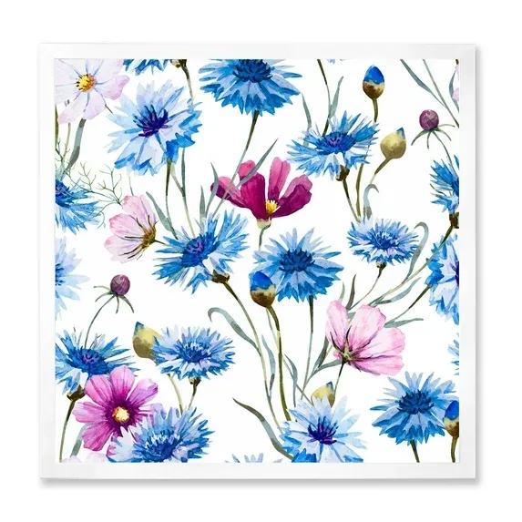 30" x 30" Designart 'Pink and Blue Wild Cornflowers' Traditional Framed Art Print