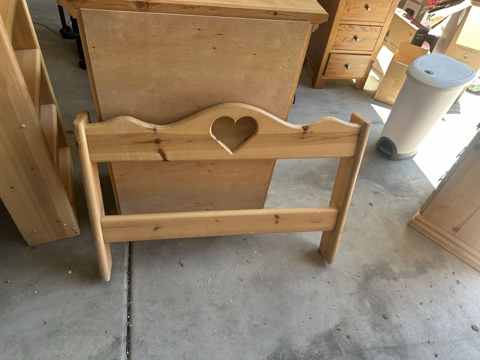 Solid Pine Bedroom Set - Headboard, Footboard, 5-Drawer Dresser & Bookshelf with Heart Cutouts