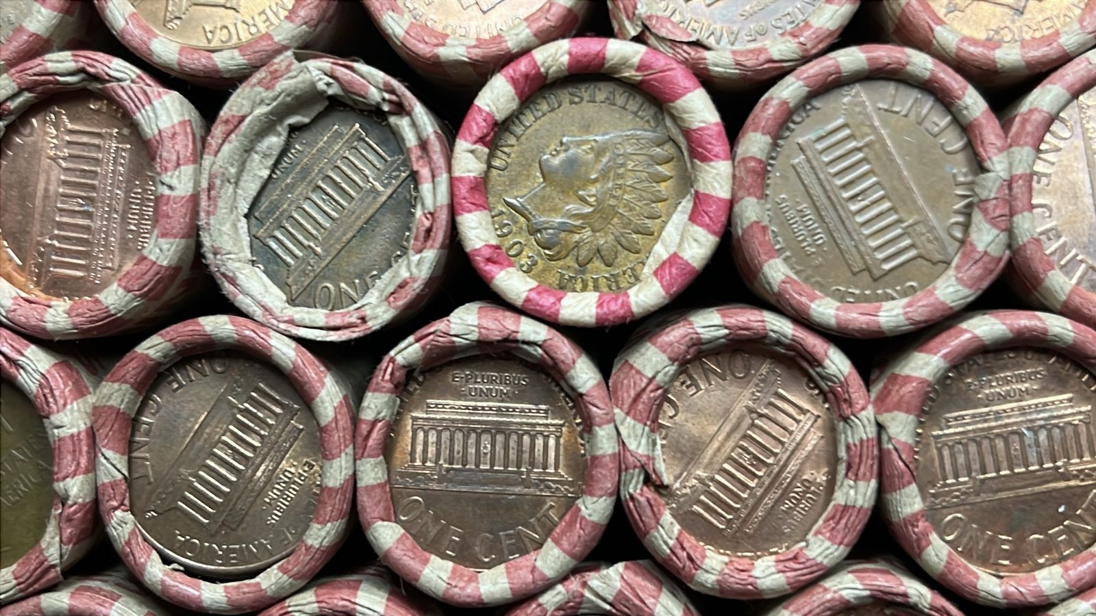 Vintage Rolled Pennies - 1903 Indian Head Penny and Lincoln Cents - Full Box of US Coins