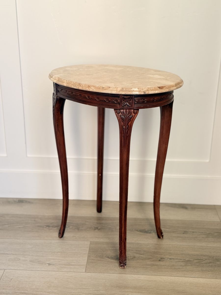 PettitVintage Oval Wood and Marble Top Accent Table with Carved Details 18.5x14.5x24"Tall